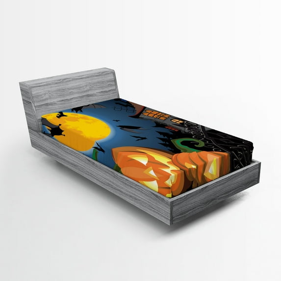Ambesonne Halloween Fitted Sheet, Moon Pumpkin, Twin XL Size, Multicolor