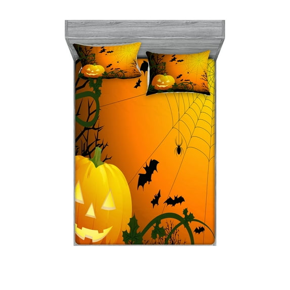 Ambesonne Halloween Fitted Sheet & Pillow Sham Set, Pumpkin Leaves and Bats, Queen, Dark Green Orange Black