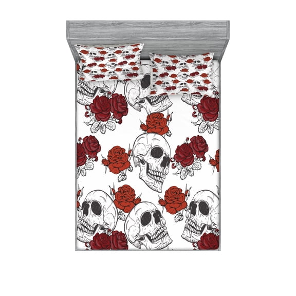 Ambesonne Halloween Fitted Sheet & Pillow Sham Set, Roses Gothic Skull, Queen, Grey