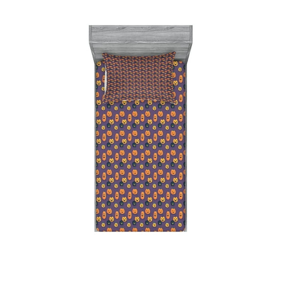 Ambesonne Halloween Fitted Sheet & Pillow Sham Set, Spooky Pumpkins Pattern, Twinxl, Orange and Violet