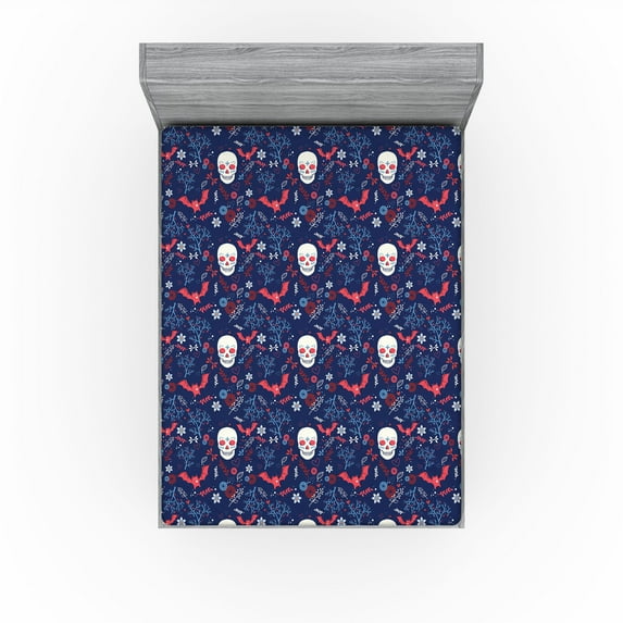 Ambesonne Halloween Fitted Sheet, Spooky Night Skull Bat, California King, Dark Blue Dark Coral