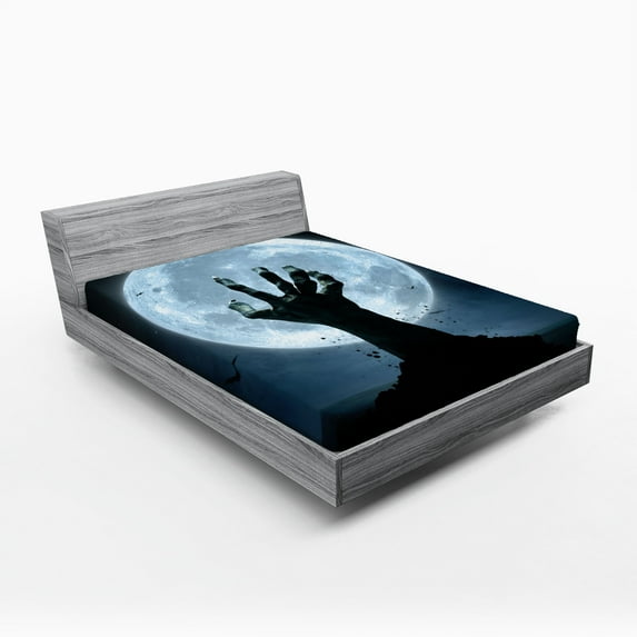 Ambesonne Halloween Fitted Sheet, Zombie Grave, Queen Size, Blue Black