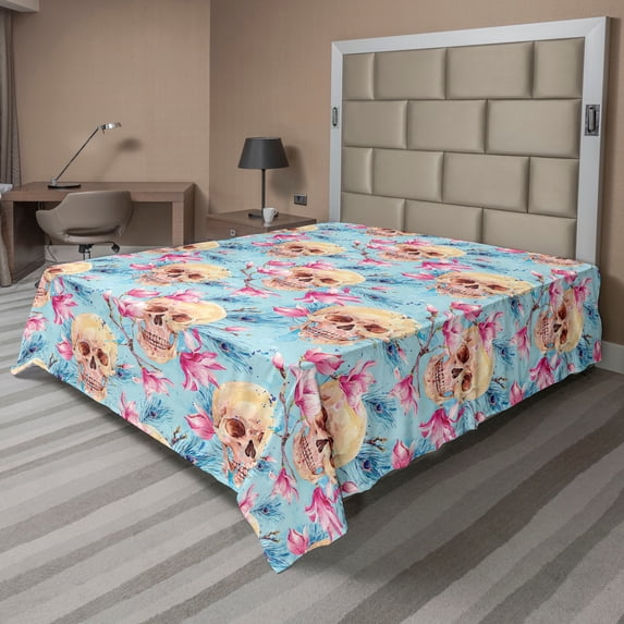 Ambesonne Halloween Flat Bedding Sheet Soft Top Sheet, Magnolia Flowers Skulls, California King, Pale Blue Soft Pink