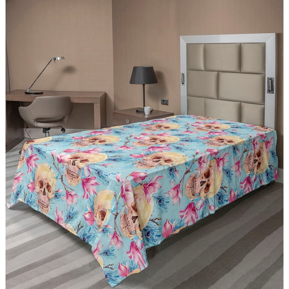 Ambesonne Halloween Flat Bedding Sheet Soft Top Sheet, Magnolia Flowers Skulls, Twin XL, Pale Blue Soft Pink