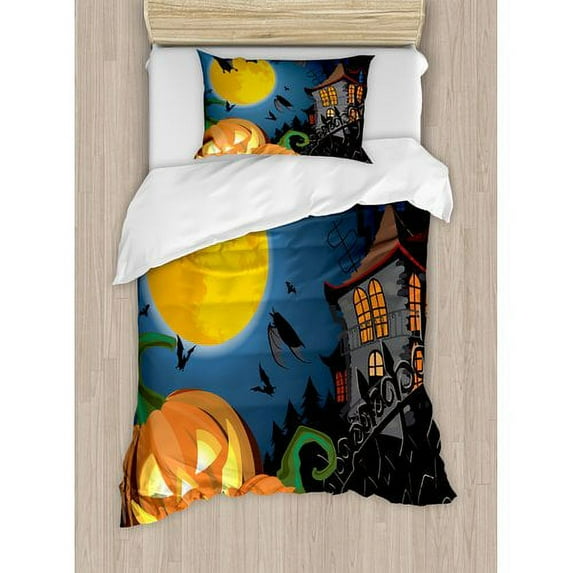 Ambesonne Halloween Gothic Haunted House Party Theme Decor Trick or Treat for Kids Duvet Cover Set