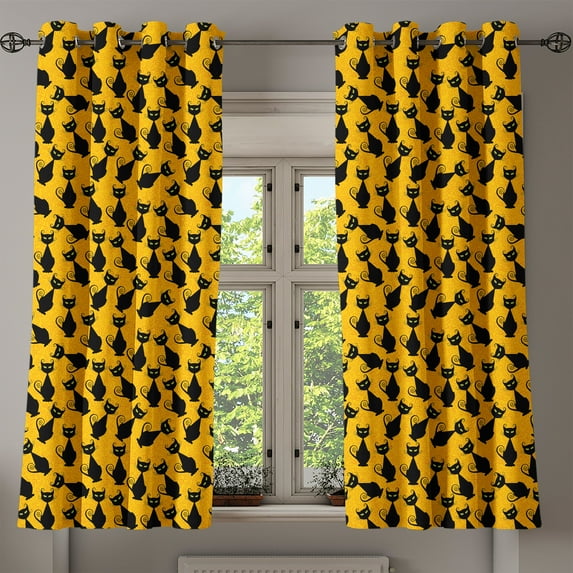 Ambesonne Halloween Grommet Curtain, Black Cat Vintage, 50" x 54", Black Orange