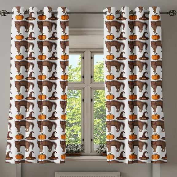 Ambesonne Halloween Grommet Curtain, Pumpkin Witch Hat Cat, 50" x 63", Brown Orange Green