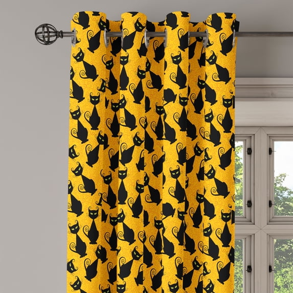 Ambesonne Halloween Grommet Curtain Single Panel, Black Cat Vintage, 50"x60", Black Orange