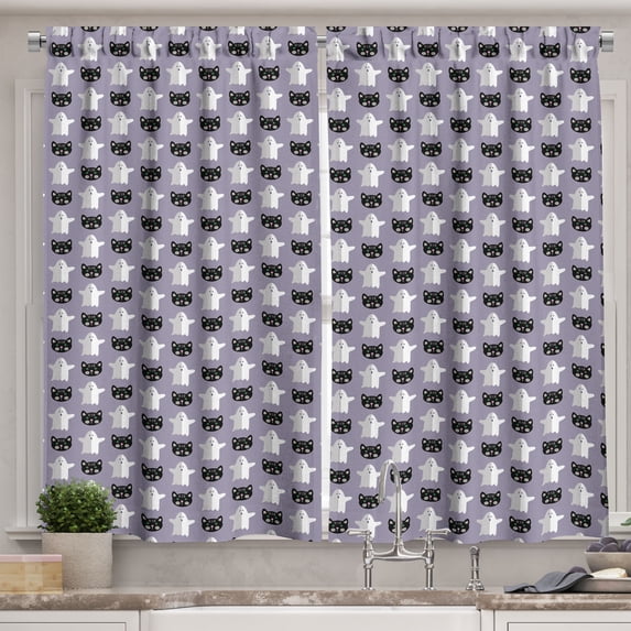 Ambesonne Halloween Kitchen Curtains, Cat Faces and Ghosts Art, 55"x45", Charcoal Grey Mauve