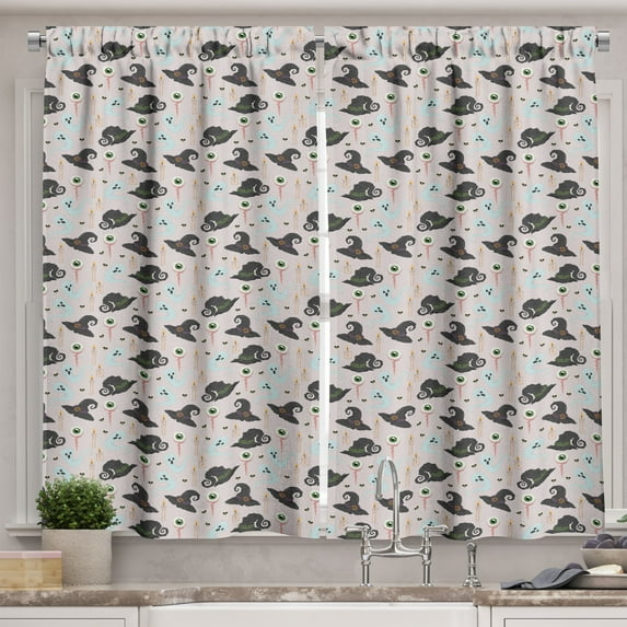 Ambesonne Halloween Kitchen Curtains, Whimsical Witch Hats Eyes, 55"x24", Pale Blue Green Peach