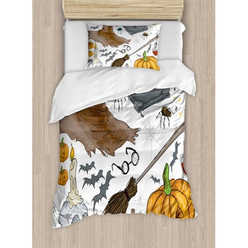 Ambesonne Halloween Magic Spells Witch Craft Objects Doodle Style Grunge Design Candle Skull Duvet Cover Set