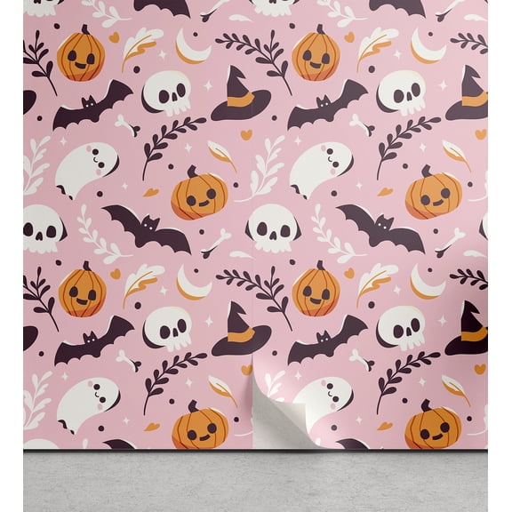 Ambesonne Halloween Peel & Stick Wallpaper for Home, Bats Hats Ghost Pumpkins, 13"x36", Orange Pale Pink Brown