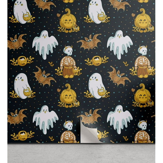 Ambesonne Halloween Peel & Stick Wallpaper for Home, Ghost Skeleton Bats Print, 13"x72", Orange Ginger White