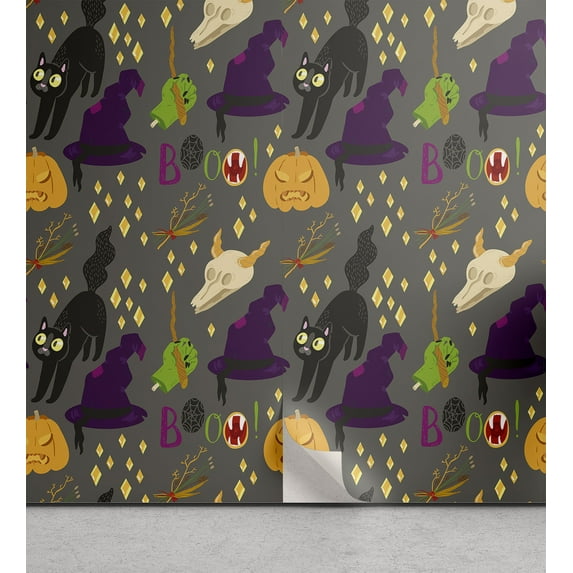 Ambesonne Halloween Peel & Stick Wallpaper for Home, Pumpkin Cat Witch Hat Art, 13"x72", Dark Purple Pale Orange