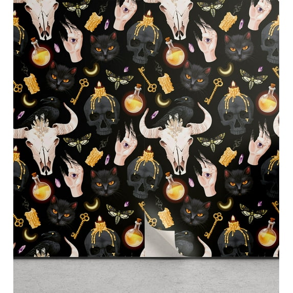 Ambesonne Halloween Peel & Stick Wallpaper for Home, Raven Skull Moon Print, 13"x72", Mustard Dark Grey Peach