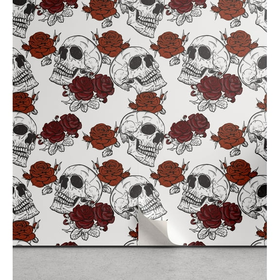 Ambesonne Halloween Peel & Stick Wallpaper for Home, Roses Gothic Skull, 13"x36", Grey