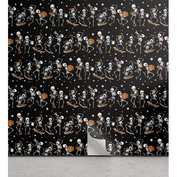 Ambesonne Halloween Peel & Stick Wallpaper for Home, Skeletons Carnival, 13"x100", Charcoal Grey Apricot