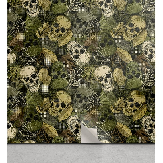 Ambesonne Halloween Peel & Stick Wallpaper for Home, Sketchy Skull Pattern, 13"x36", Pale Olive Green Eggshell