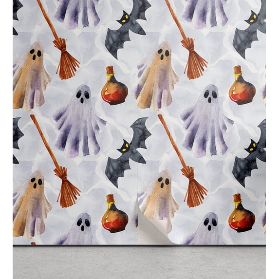 Ambesonne Halloween Peel & Stick Wallpaper for Home, Treat or Trick Ghost Art, 13"x100", Ginger Purple Grey Black