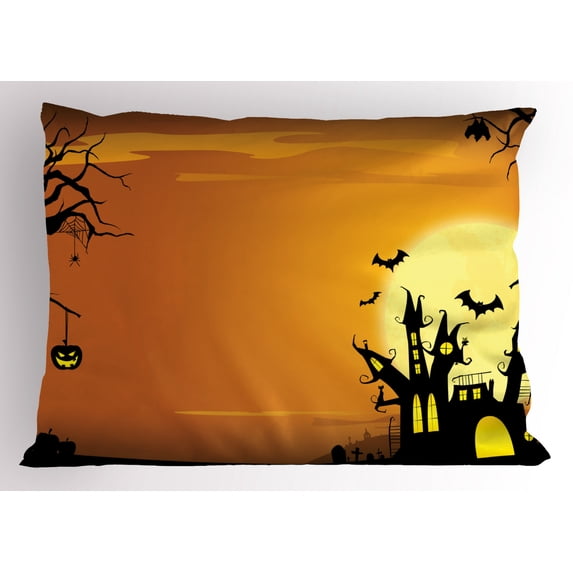 Ambesonne Halloween Pillow Sham, Haunted House, 26" X 20", Orange Black