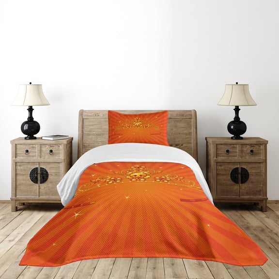 Ambesonne Halloween Quilted Bedspread Set 2 Pcs, Cartoon Crown, Twin Size, Orange