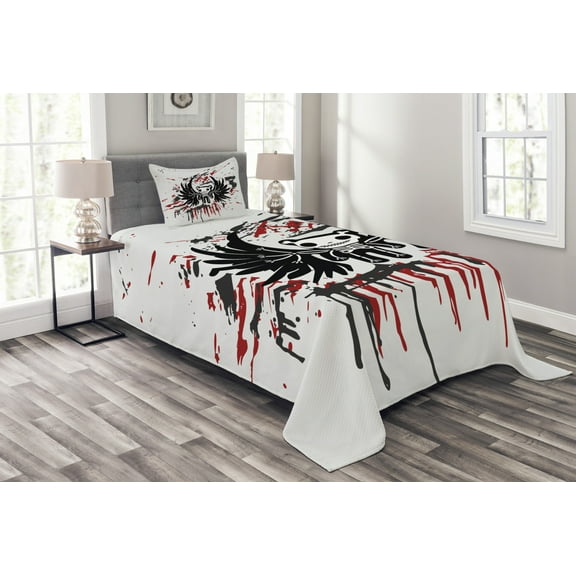 Ambesonne Halloween Quilted Bedspread Set 2 Pcs, Comic Dead Skull Face, Twin Size, Pearl Black Ruby