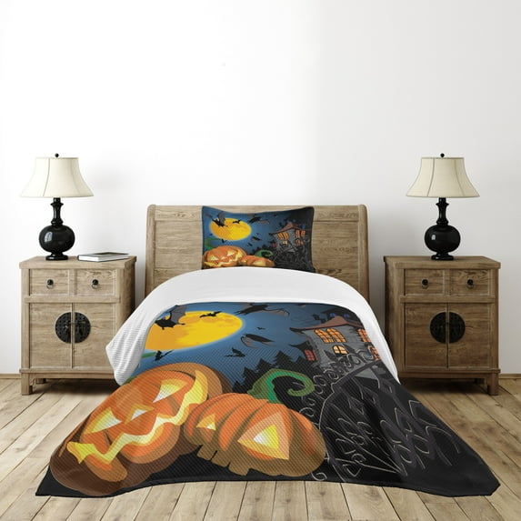 Ambesonne Halloween Quilted Bedspread Set 2 Pcs, Moon Pumpkin, Twin Size, Multicolor