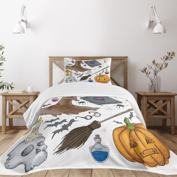 Ambesonne Halloween Quilted Bedspread Set 2 Pcs, Pumpkin Skull, Twin Size, Multicolor