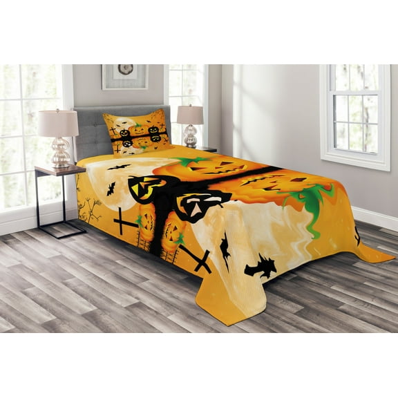 Ambesonne Halloween Quilted Bedspread Set 2 Pcs, Scary Pumpkin, Twin Size, Orange Black