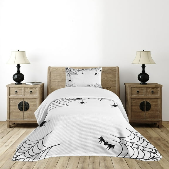 Ambesonne Halloween Quilted Bedspread Set 2 Pcs, Spiders Bats Simplistic, Twin Size, White Black