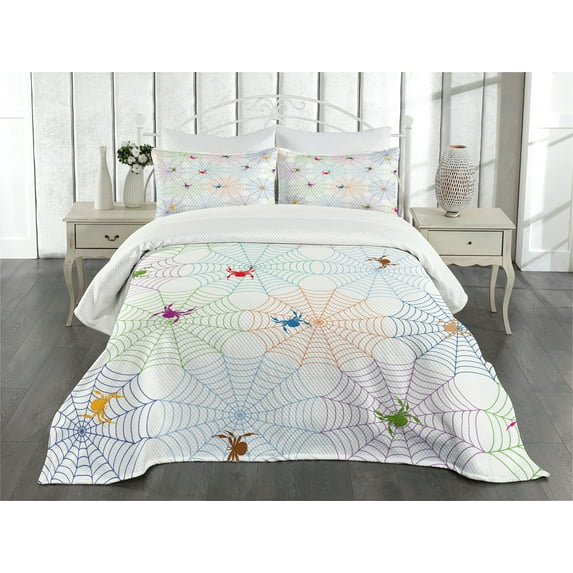 Ambesonne Halloween Quilted Bedspread Set 3 Pcs, Colorful Creepy Networks, Queen Size, Multicolor
