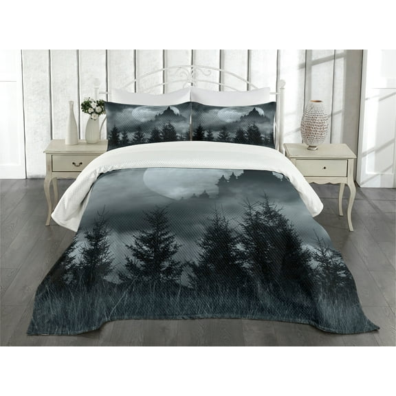 Ambesonne Halloween Quilted Bedspread Set 3 Pcs, Magic Castle Design, King Size, Grey Pale Grey
