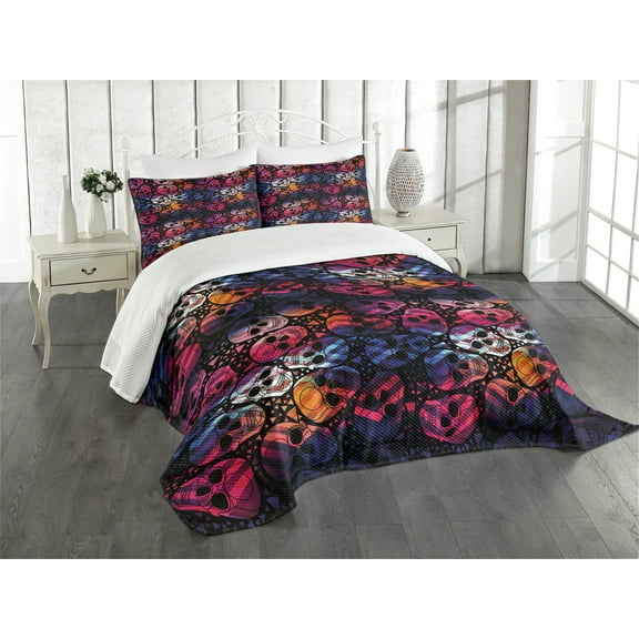 Ambesonne Halloween Quilted Bedspread Set 3 Pcs, Mexican Sugar Skulls, King Size, Multicolor