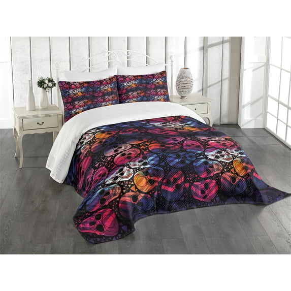 Ambesonne Halloween Quilted Bedspread Set 3 Pcs, Mexican Sugar Skulls, Queen Size, Multicolor