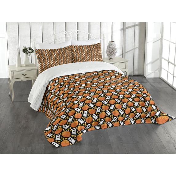 Ambesonne Halloween Quilted Coverlet 3 Pcs, Pumpkin Pattern, King Size, Marigold Fern Green