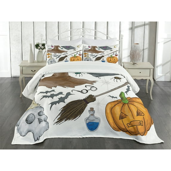 Ambesonne Halloween Quilted Bedspread Set 3 Pcs, Pumpkin Skull, Queen Size, Multicolor