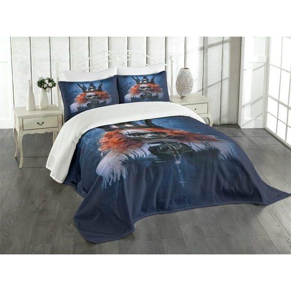 Ambesonne Halloween Quilted Bedspread Set 3 Pcs, Queen of Death Art, Queen Size, Navy Blue Orange Black