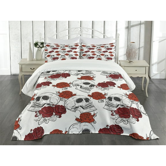 Ambesonne Halloween Quilted Bedspread Set 3 Pcs, Roses Gothic Skull, King Size, Grey