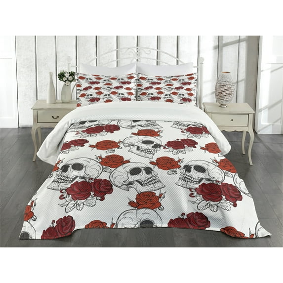 Ambesonne Halloween Quilted Bedspread Set 3 Pcs, Roses Gothic Skull, Queen Size, Grey
