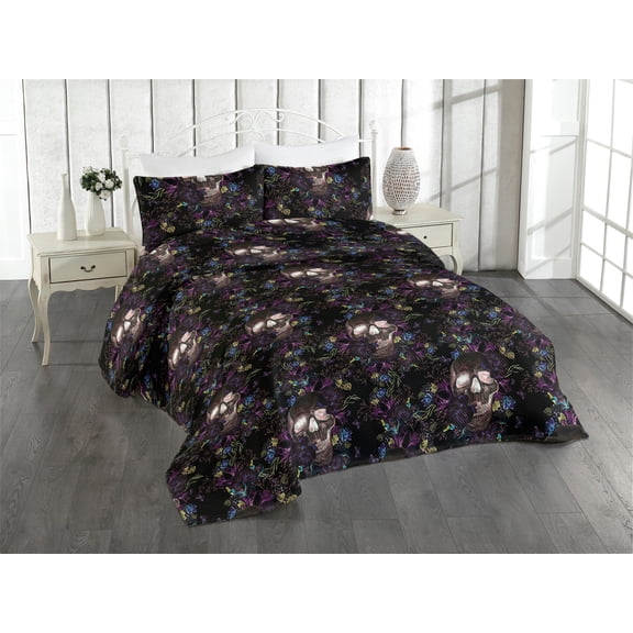 Ambesonne Halloween Quilted Bedspread Set 3 Pcs, Spooky Skull Exotics Boho, King, Dark Magenta and Multicolor
