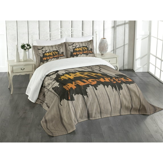 Ambesonne Halloween Quilted Bedspread Set 3 Pcs, Words Bats Art, Queen Size, Multicolor