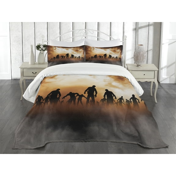 Ambesonne Halloween Quilted Bedspread Set 3 Pcs, Zombies Misty, Queen Size, Orange Black