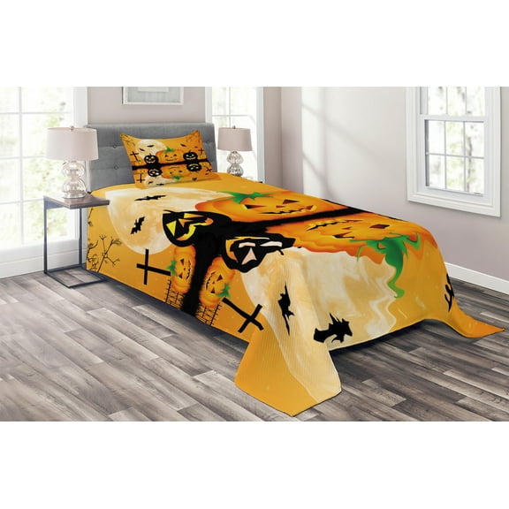 Ambesonne Halloween Quilted Coverlet 2 Pcs, Scary Pumpkin, Twin Size, Orange Black