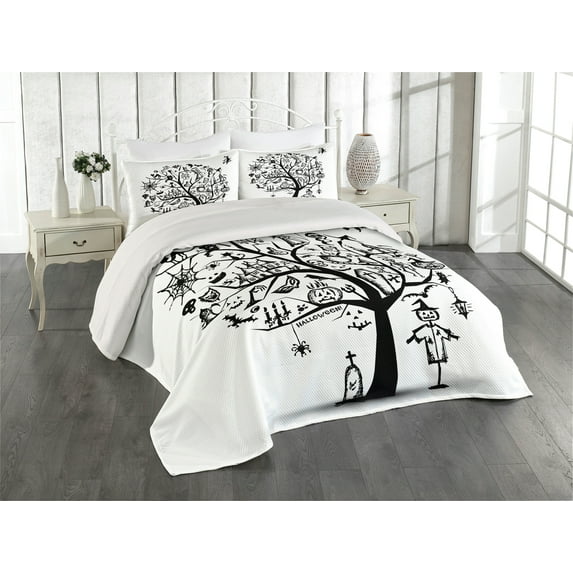 Ambesonne Halloween Quilted Coverlet 3 Pcs, Flying Witch, Queen Size, Black White
