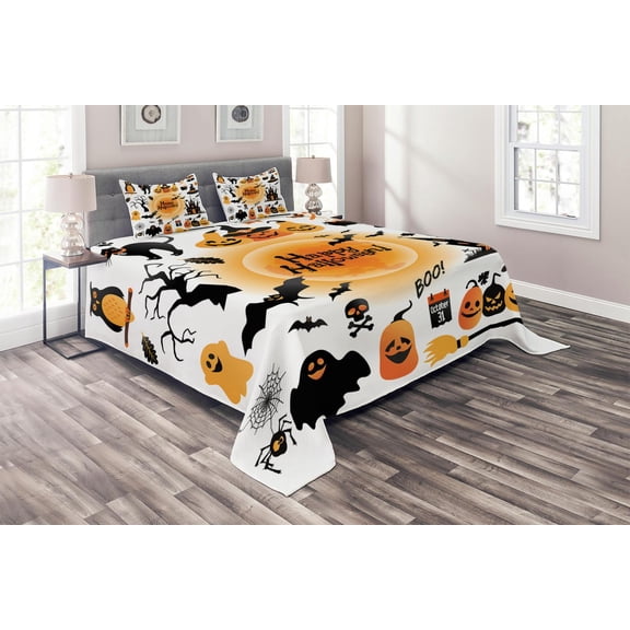 Ambesonne Halloween Quilted Coverlet 3 Pcs, Happy Ghost, Queen Size, Orange Black