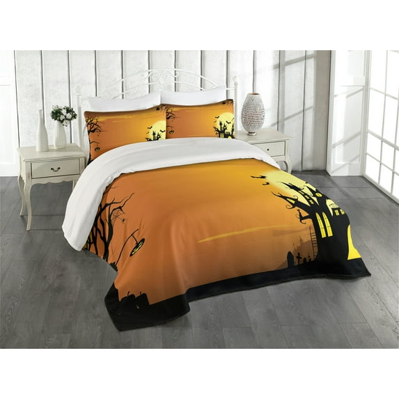 Ambesonne Halloween Quilted Coverlet 3 Pcs, Haunted House, King Size, Orange Black