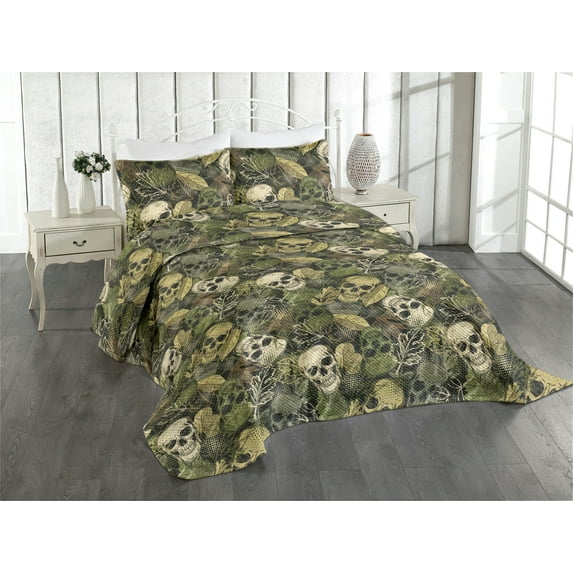 Ambesonne Halloween Quilted Coverlet 3 Pcs, Sketchy Skull Pattern, King Size, Pale Olive Green Eggshell