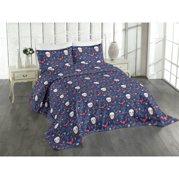 Ambesonne Halloween Quilted Coverlet 3 Pcs, Spooky Night Skull Bat, King Size, Dark Blue Dark Coral
