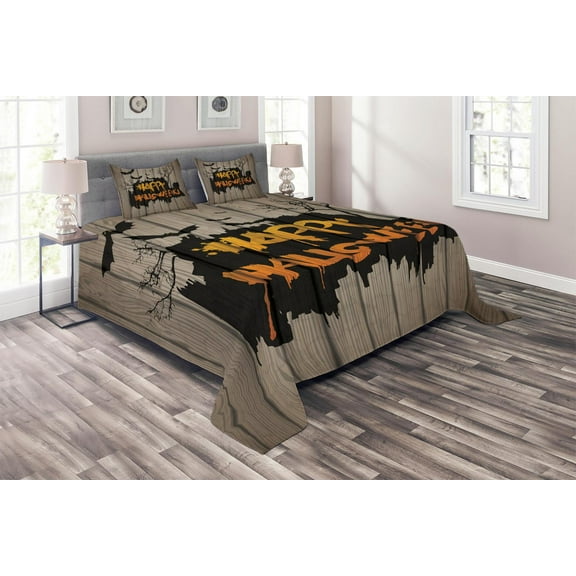 Ambesonne Halloween Quilted Coverlet 3 Pcs, Words Bats Art, Queen Size, Multicolor