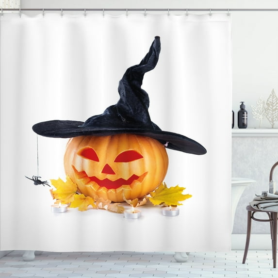 Ambesonne Halloween Shower Curtain, Carved Pumpkin Witch Hat, 69"Wx75"L, Marigold White Dark Grey